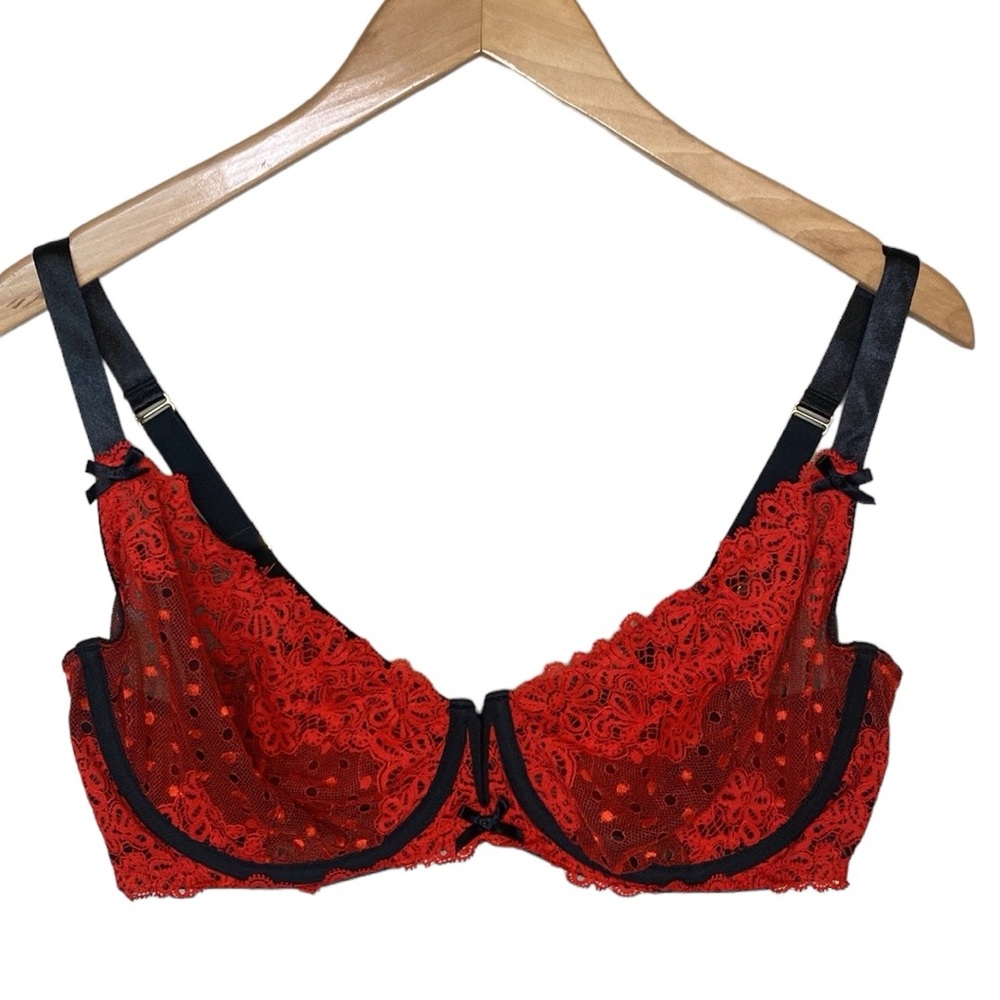 Cacique Unlined Balconette Red Black Lace Underwire Bra 40DD